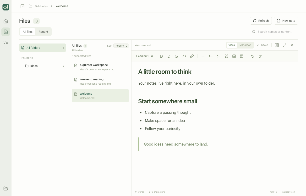 NotesDive Notes view: folders on the left, notes in the middle, and a formatted Markdown editor on the right.